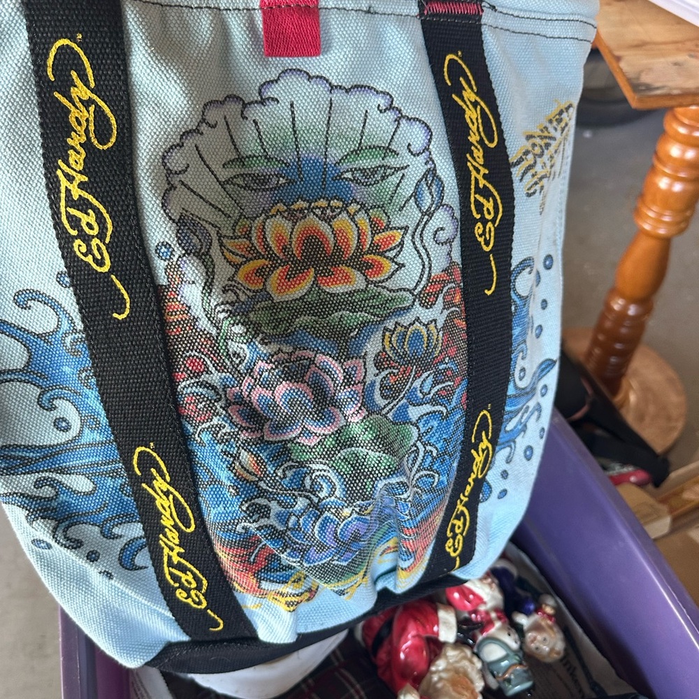 Ed Hardy Blue Tote with Floral Graphics